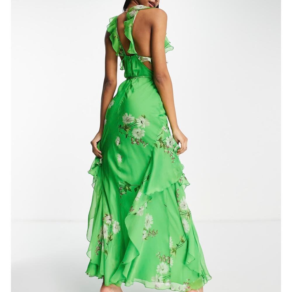 Asos Design Blue Ruffle Trim Dipped Hem Maxi Dress US Size 4 - Picture 13 of 14
